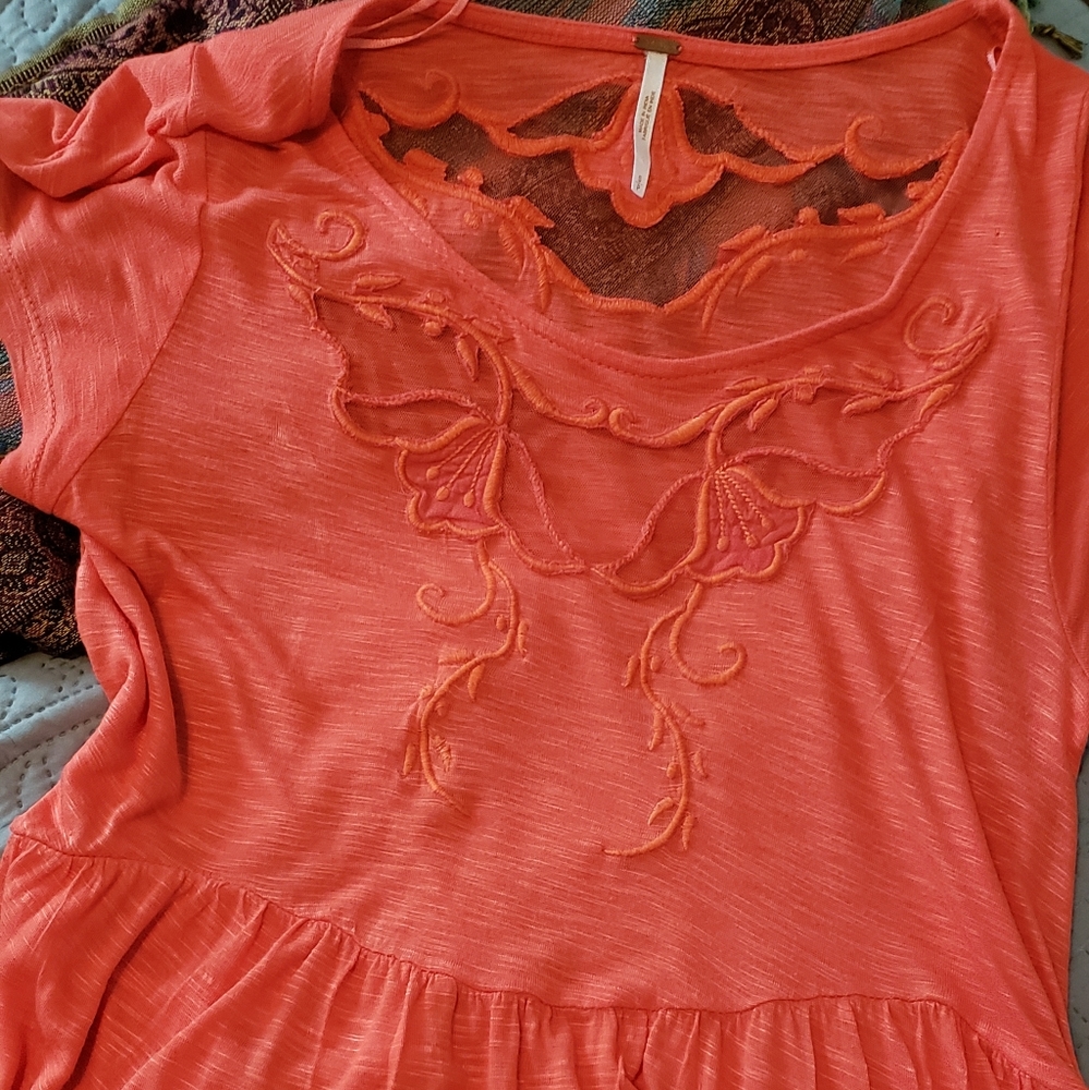 Free People Orange Peplum Top With Lacy Embroidered inserts P/S